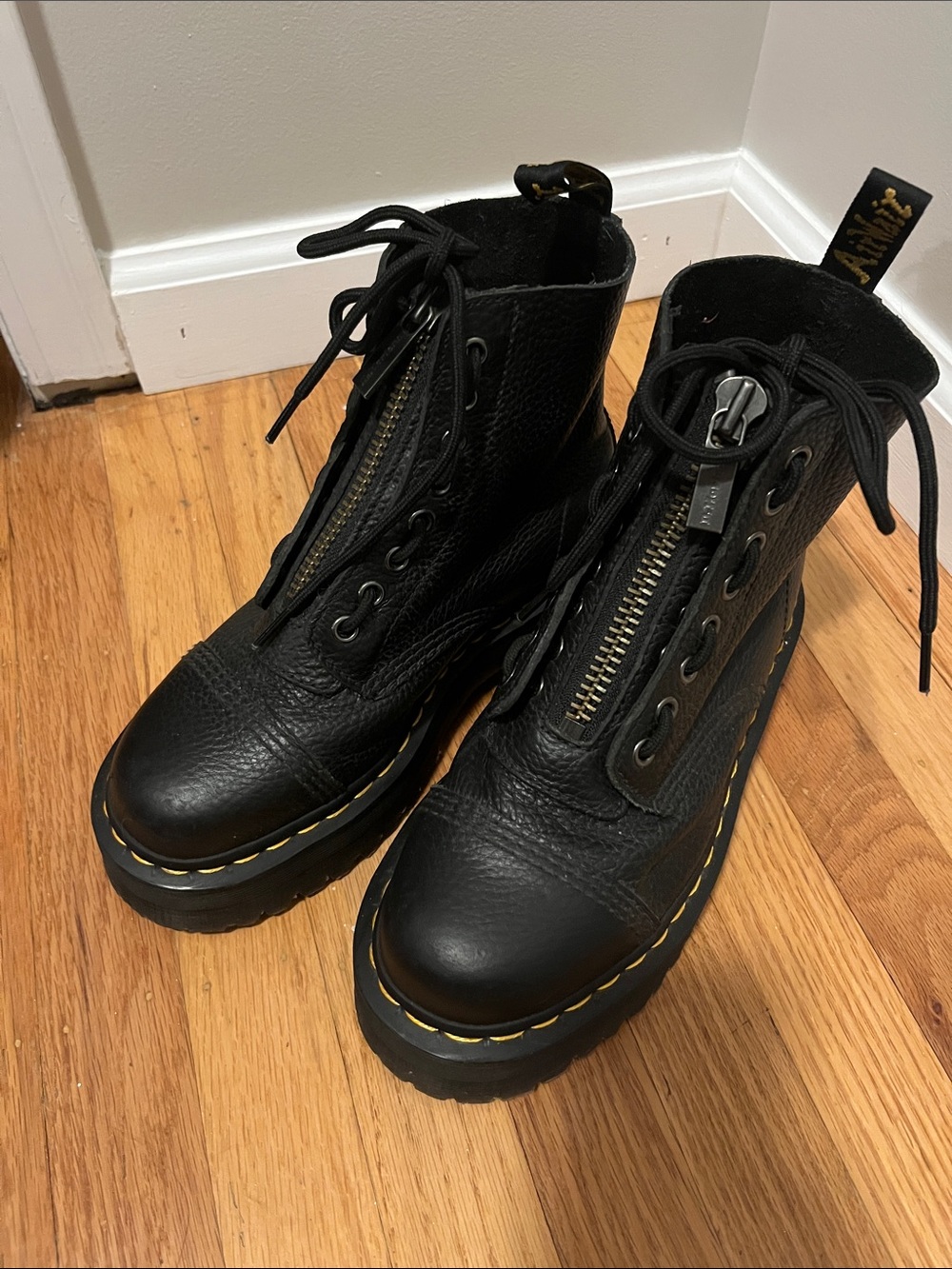 Dr. Martens Black Kids' Platform Zip & Lace Boots with Yellow Stitching